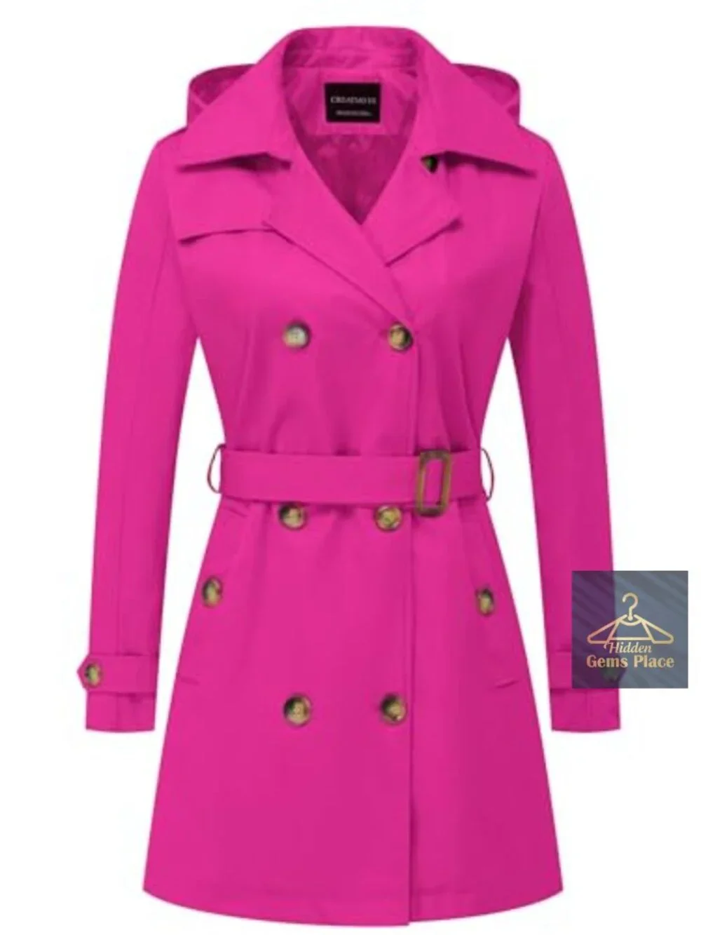 Women's Double-Breasted Trench Coat Belted Water Repellent Detachable Hood